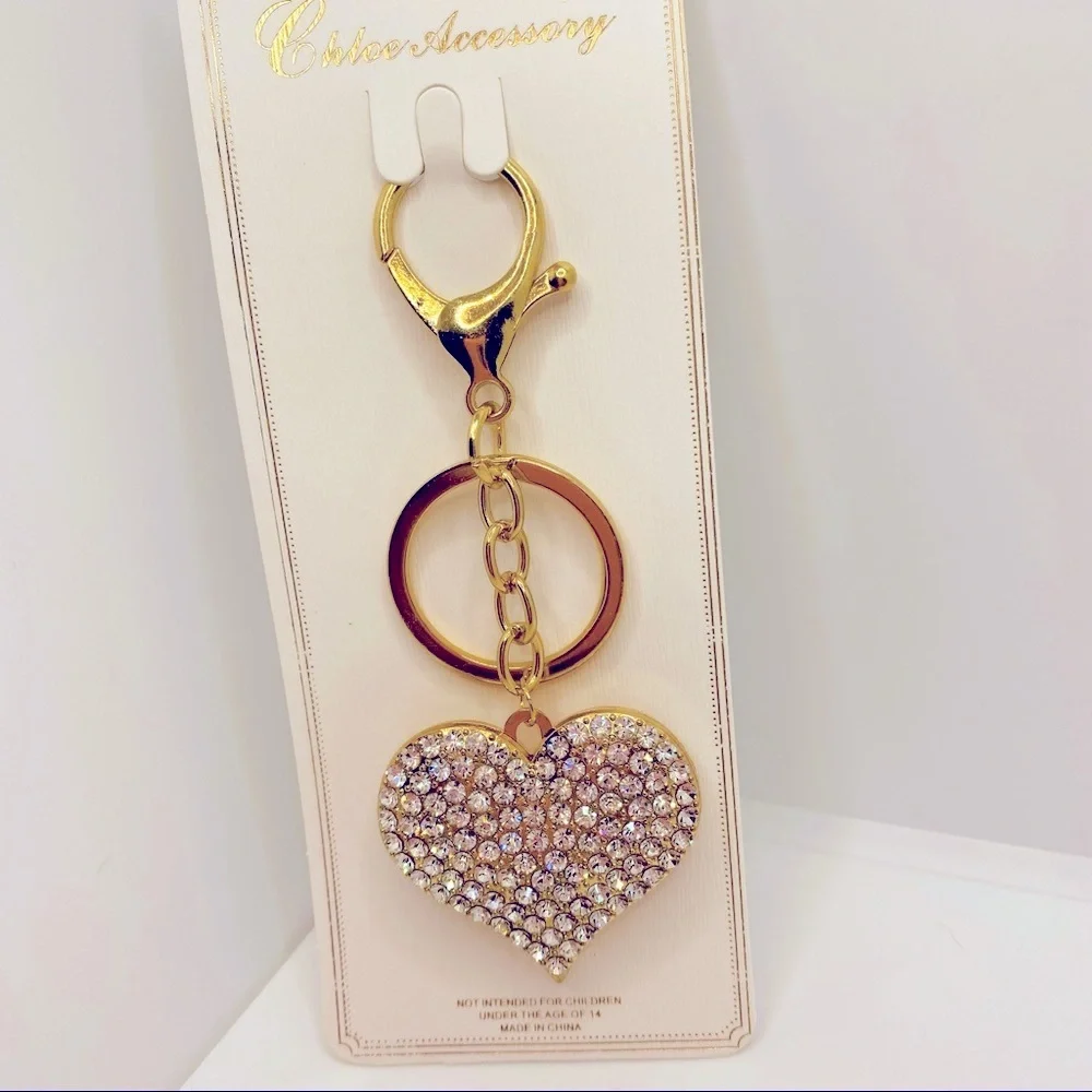 Key Chain Purse Charm Heart Crystals set in Golden tone. VERY BRILLIANT